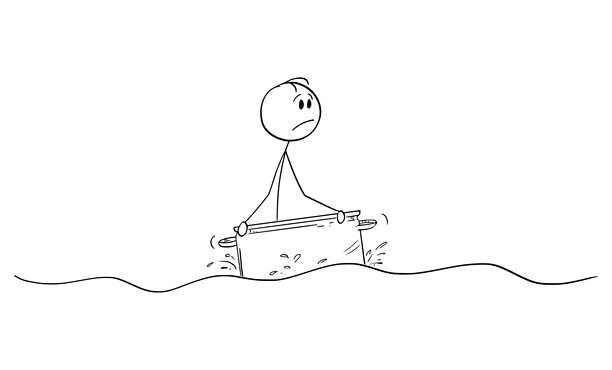 人漂浮在厨房的锅，矢量卡通棍图插图图片下载