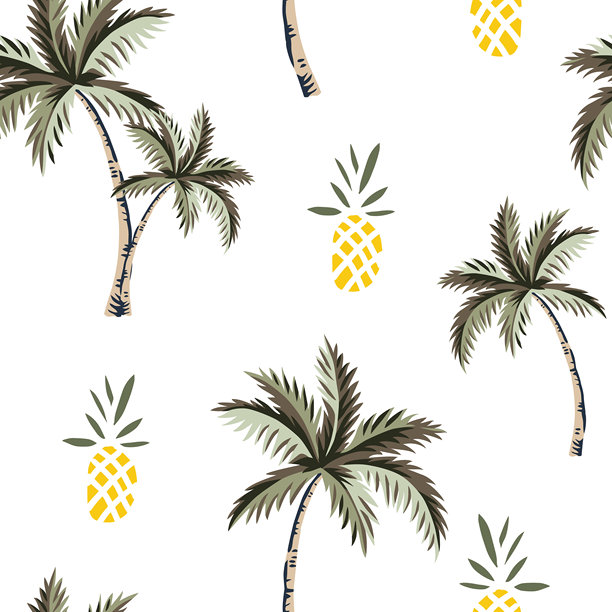 热带菠萝水果，棕榈树，白色背景。矢量无缝模式。夏天的插图。奇异的植物。夏威夷海滩设计。天堂自然图片下载