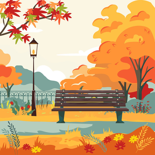 秋天公共花园的长椅。城市公园里有黄色、橙色、红色的树、草地、木凳和灯笼。矢量插图卡通秋天景观与空的公园图片下载