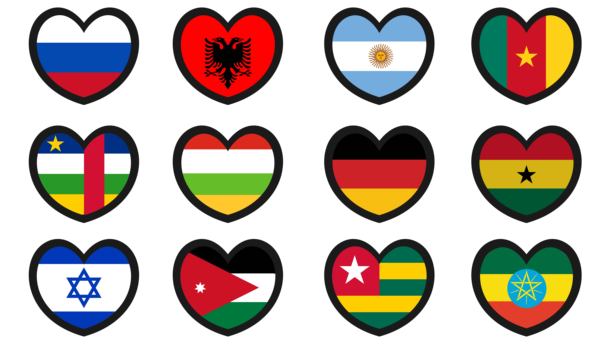 心形国旗集矢量插图设计。国旗收藏。图片下载
