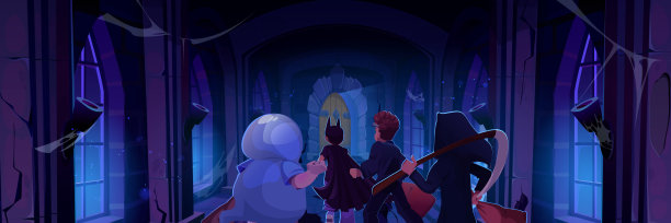 孩子们穿着万圣节服装在城堡里奔跑图片下载