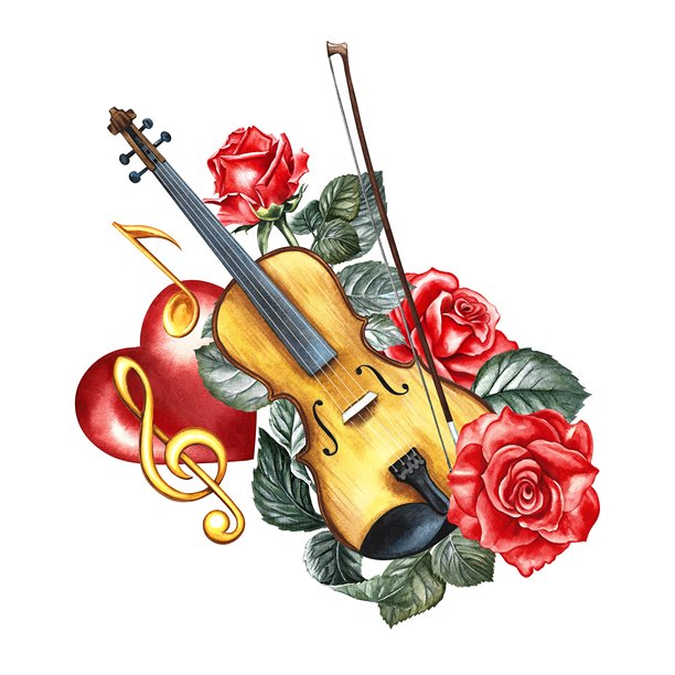 一把用红玫瑰和红心上的金色高音谱号装饰的小提琴。水彩插图是手绘的。用于制作海报、传单和邀请卡。用于横幅，明信片，标志，贴纸。图片下载
