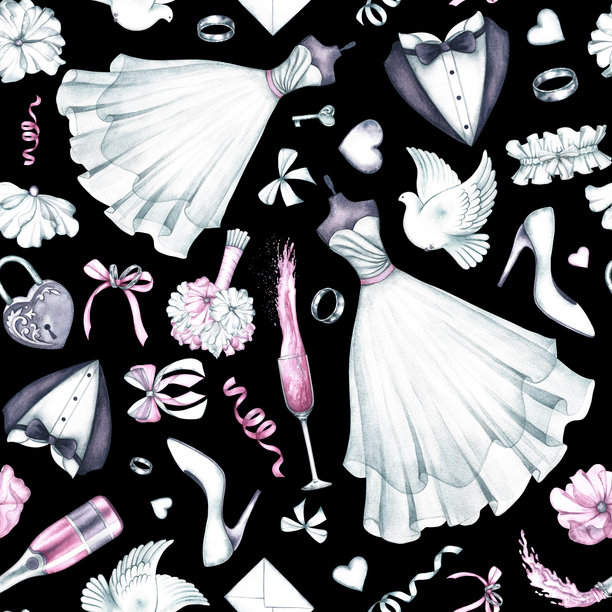 婚礼无缝图案搭配新郎新娘的礼服、结婚戒指、香槟等婚礼属性。手绘水彩插图。在黑色背景上…图片下载