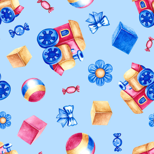与儿童玩具，儿童火车，立方体和球无缝图案。手工水彩插图。蓝色背景。用于包装纸、纺织品、童装、墙纸等。图片下载