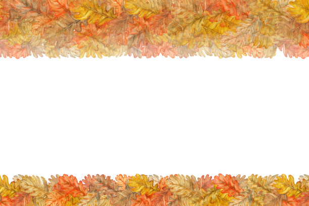 边框上点缀着秋色鲜艳的橙黄、黄黄、棕黄的橡树叶。水彩植物插图。框架模板与树叶，橡子收获节，感恩节，万圣节图片下载