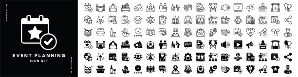 活动策划图标集。包含派对、娱乐、生日、庆典、婚礼、节日、会议、研讨会、会议、装饰、挂历、餐饮、烟花、组织等图片下载