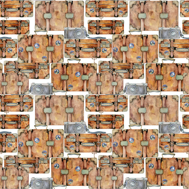 行李箱，行李箱，行李，贴纸，图标，大头针，旧相机。水彩手绘艺术。无缝模式。设计旅游、旅游、宣传册、婚庆、导游、印刷、名片、纹身。图片下载