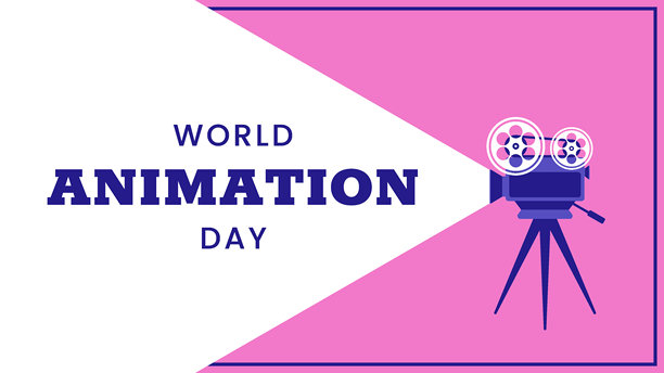 世界动画日横向横幅。10月28日。明亮的颜色。最小假日概念。模板的背景，社交媒体的帖子，网页横幅，卡片，海报与文字铭文。相机、投影仪图片下载