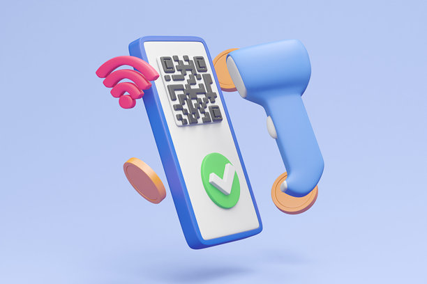 详细的3D渲染说明了条形码和QR码支付的便利性和安全性，以及智能手机和硬币的浮动元素图片下载