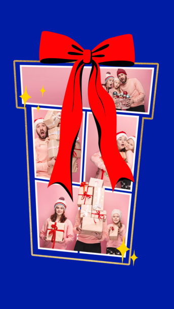 节日家庭照片拼贴包裹着巨大的红色蝴蝶结，在充满活力的蓝色背景下。给予和分享圣诞时刻的快乐。当代艺术拼贴。图片下载