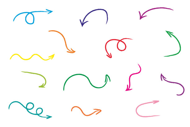 粉笔涂鸦刷箭头集。蜡笔手写箭头元素。矢量手绘涂鸦涂鸦蜡笔，标记颜色刷纹理。粗粉笔矢量插图隔离在白色背景。图片下载