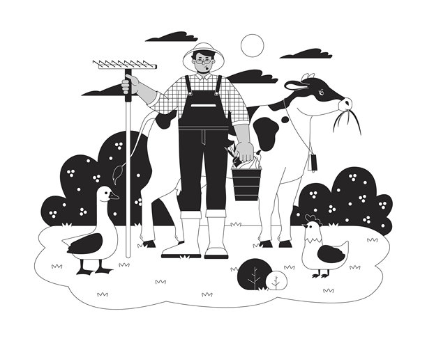 手持耙子和动物的阿拉伯农民卡通黑白线条插画图片下载