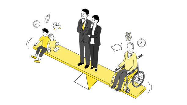 三明治一代:平衡儿童保育，老人护理和工作-双重护理概念插图，矢量图片下载