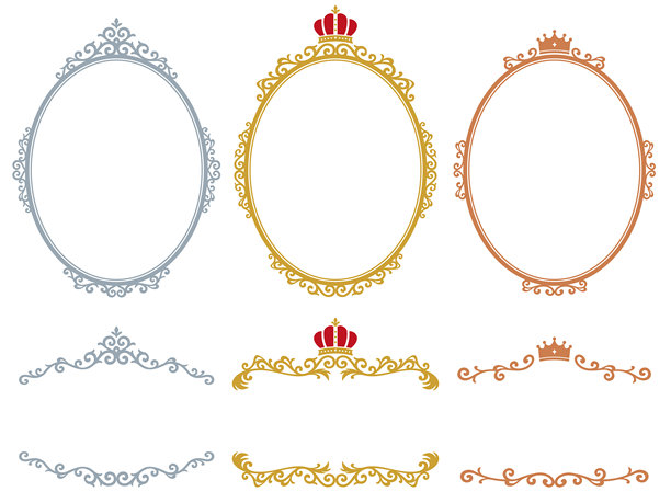 经典风格垂直椭圆形框架和标题装饰集在金，银和铜的颜色与皇冠和头饰图片下载