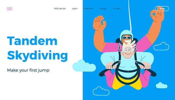 兴高采烈的飞行前辈男女摆出“奥凯”手势，表演双人跳伞。极限运动。现代平面矢量插图。串联跳伞。登陆页和网站横幅模板。图片下载
