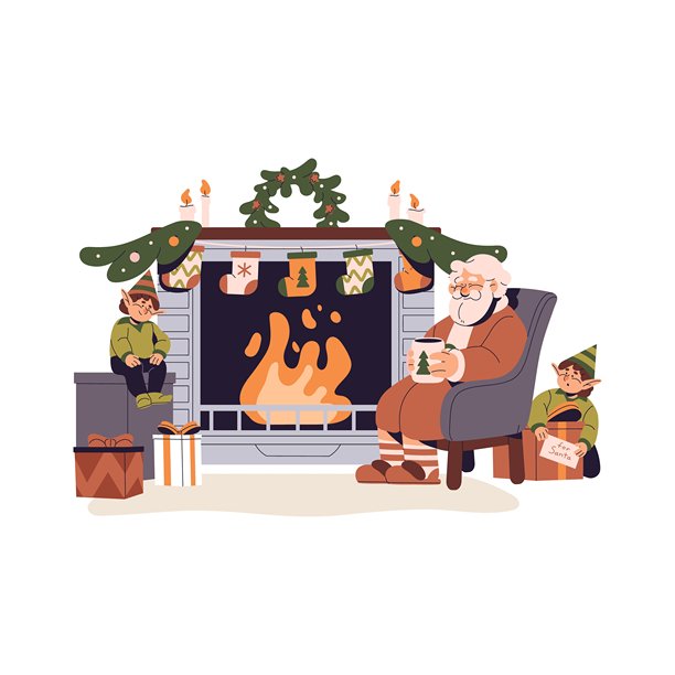 圣诞老人休息，睡在炉边的扶手椅上。精灵们为老人准备圣诞礼物。用袜子装饰，用圣诞花环装饰壁炉。平面隔离矢量插图上的白色图片下载