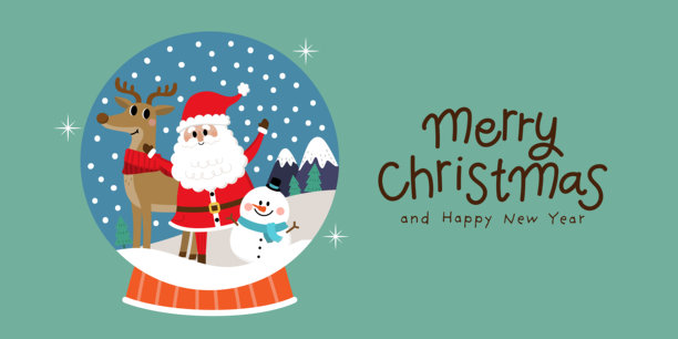 圣诞快乐新年好，圣诞老人、鹿和狗的节日卡通形象矢量素材图片下载