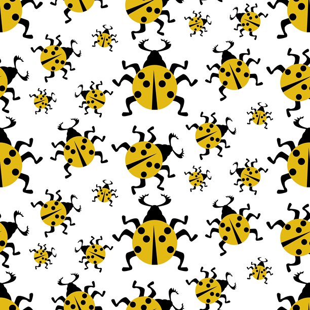 白色背景上的黄色瓢虫无缝图案。矢量平面插图。摘要:几何昆虫长着不同大小的腿和翅膀，向不同的方向扩散图片下载