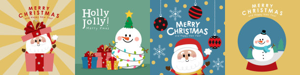 圣诞快乐新年好，圣诞老人、鹿和狗的节日卡通形象矢量素材图片下载