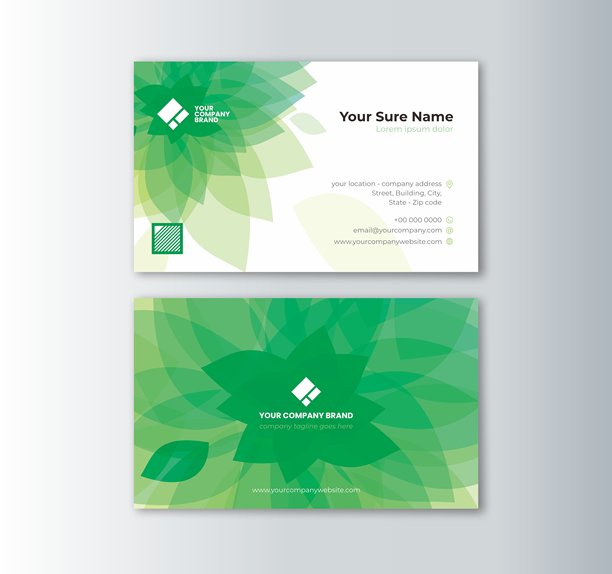 水平双面名片模板与绿色背景上的绿色花瓣图片下载