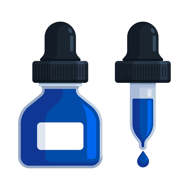 蓝色滴管瓶与移液器和液滴。平面矢量插图孤立在白色背景与复制空间。油墨、染料、着色剂、酊剂、试剂、精油、血清概念图片下载