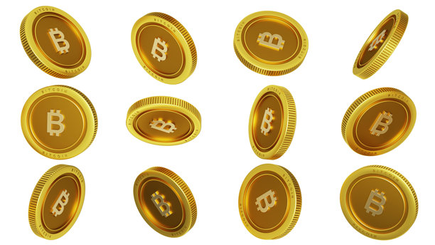 从不同角度对一组抽象黄金比特币概念进行3D渲染。比特币标志上的金币孤立在白底上图片下载