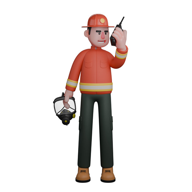 说明性3D男性消防员。一名消防员戴着防护面具，用对讲机与他的团队进行协调。专业图片下载