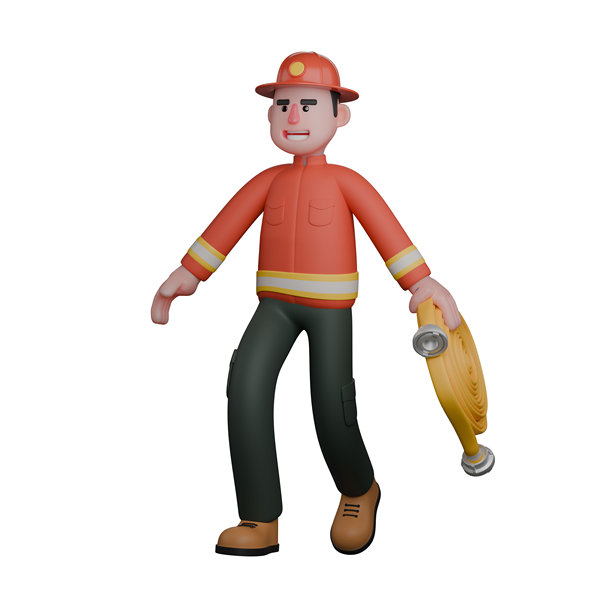 3D版的消防员。一名消防员拿着卷起来的消防水管行走。男性职业图片下载