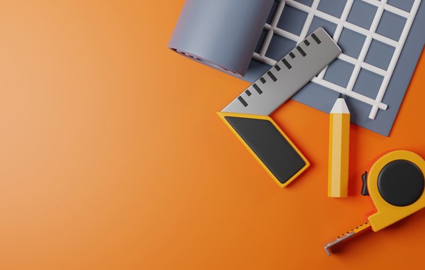 蓝图掌握施工工具的设计和安全在黄色背景。3D渲染图片下载