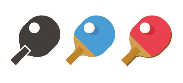 乒乓球网球拍与球图标矢量图形插图集，红蓝色平面卡通乒乓球游戏简单的象形符号孤立剪切出图像剪贴艺术图片下载