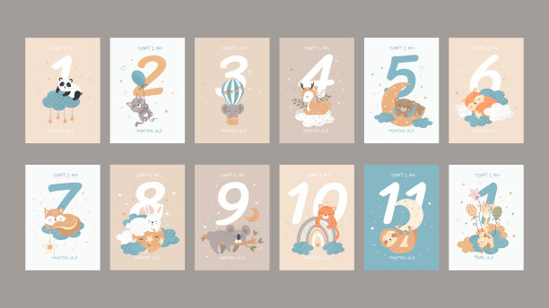 1-11个月和1岁的宝宝生日贺卡，有可爱的熟睡的小动物图片下载
