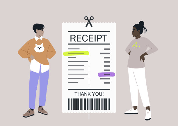 在一个轻松的时刻，两个伴侣或朋友站在一张详细的收据旁边，讨论如何公平地分摊账单，在cafÃ©度过了愉快的一天图片下载