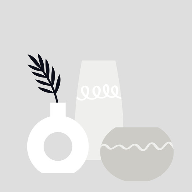 白灰色陶瓷花瓶套装。热带叶花，家居室内装饰。时髦的植物。图片海报印刷。手绘涂鸦艺术。平面设计。不羁的风格。灰色的背景。图片下载