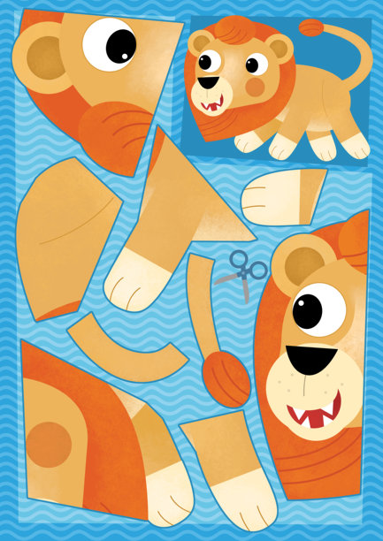 卡通场景与人物拼图剪纸教育练习手册与剪刀动物狮子猫插图的孩子图片下载