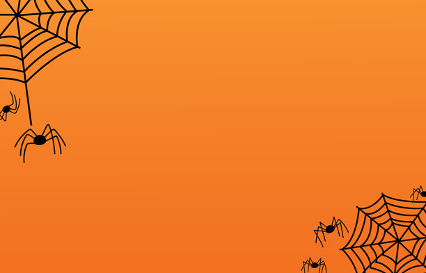 黑色的蜘蛛和网的剪影在橙色的背景和文字的空间。万圣节的背景。向量图片下载