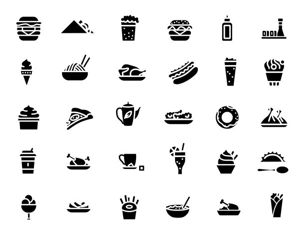 快餐和饮料图标设置在黑色轮廓，矢量插图图片下载