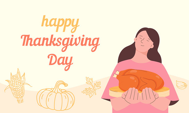 手里拿着火鸡的女孩祝你感恩节快乐。人们庆祝感恩节图片下载