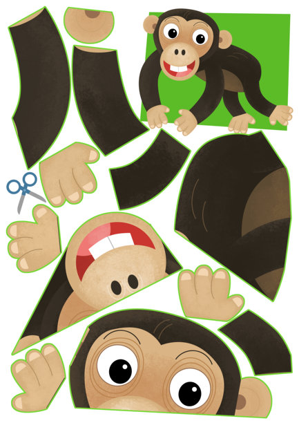卡通场景与人物拼图剪纸教育练习手工用剪刀动物猿猴子黑猩猩插图儿童图片下载