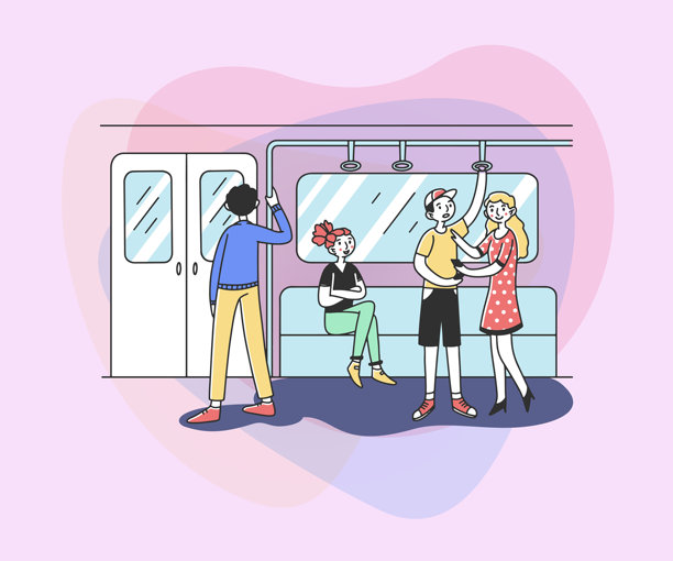 年轻人使用地铁平面矢量插图图片下载