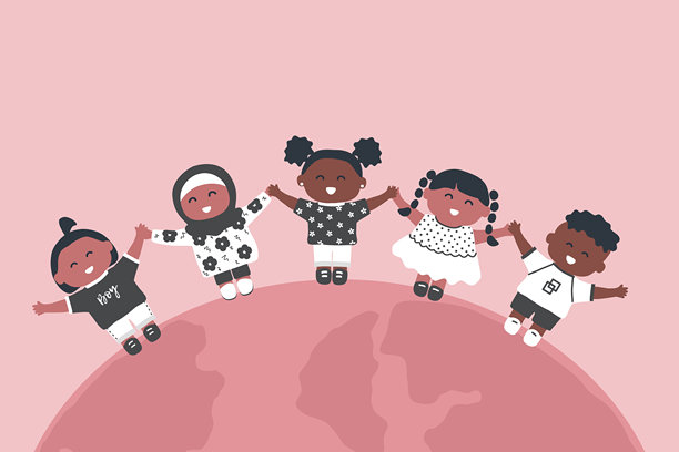 孩子们站在地球上。不同的孩子们手牵手图片下载