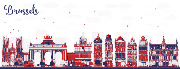 摘要比利时布鲁塞尔城市天际线与彩色建筑。带有地标的城市景观。图片下载