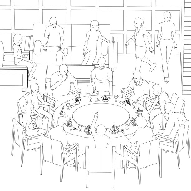 在餐厅里坐在椅子和沙发上的人的轮廓，从白色背景上孤立的黑线。餐厅内部。等距视图。矢量插图。图片下载