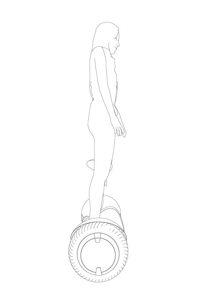 女孩骑赛格威轮廓（黑色线条，白色背景，侧视图，矢量插画）图片下载