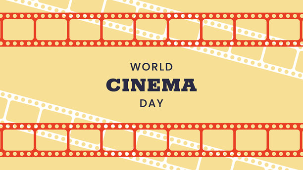 世界电影日横幅。12月28日。复古的颜色。最小假日概念。模板的背景，社交媒体的帖子，网页横幅，卡片，海报与文字铭文。镜头的电影图片下载