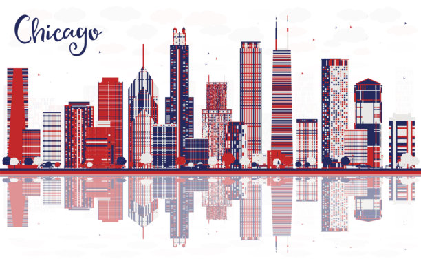 摘要美国芝加哥城市天际线与彩色摩天大楼和反射。带有地标的城市景观。图片下载