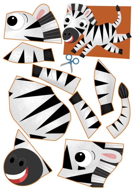 卡通场景与人物拼图剪纸教育练习手册与剪刀动物斑马马插图的孩子图片下载