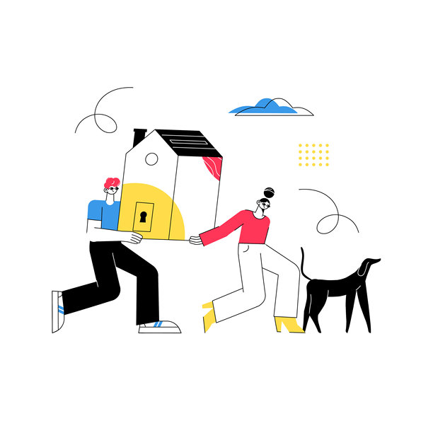 一对幸福的夫妇带着房子，一只狗在他们身边走着，以极简主义的插画风格图片下载