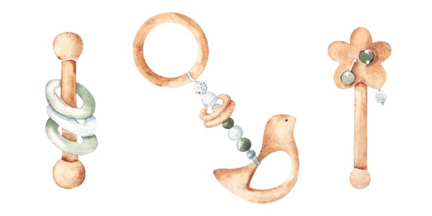 一套木制生态婴儿玩具。摇铃和牙齿。水彩手绘插图在蓝色，绿色和米色色调孤立的白色背景。剪贴艺术的儿童商品，标签，婴儿淋浴邀请和新生儿贺卡。图片下载