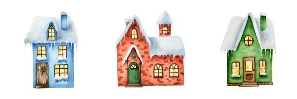 冬天被雪覆盖的房子。圣诞水彩手绘插图孤立的背景。用于设计师，装饰，商店，用于明信片，包装纸，封面。海报及纺织品图片下载