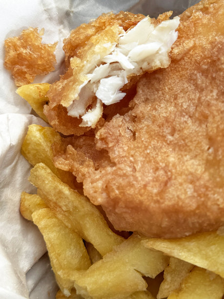 外卖炸鱼和薯条的特写图片，白色的片状的肉，盐和醋调味，不健康的外卖食品，油腻的炸鳕鱼和油炸薯条在打开的纸上，高架视图图片下载